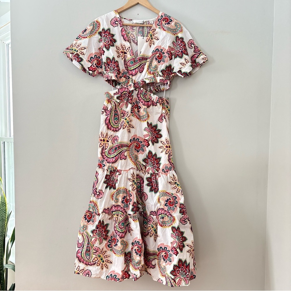 Zara Printed Cut-Out Poplin Midi Dress in a multicolor floral paisley Sz Small